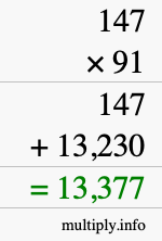 How to calculate 147 times 91 using long multiplication
