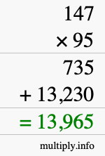 How to calculate 147 times 95 using long multiplication