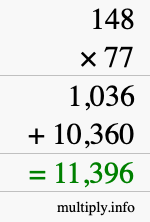How to calculate 148 times 77 using long multiplication
