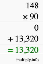 How to calculate 148 times 90 using long multiplication