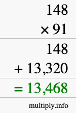 How to calculate 148 times 91 using long multiplication