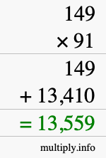 How to calculate 149 times 91 using long multiplication