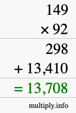 How to calculate 149 times 92 using long multiplication