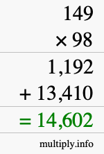 How to calculate 149 times 98 using long multiplication