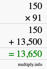 How to calculate 150 times 91 using long multiplication