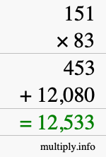 How to calculate 151 times 83 using long multiplication