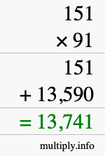 How to calculate 151 times 91 using long multiplication