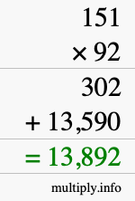 How to calculate 151 times 92 using long multiplication