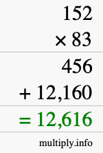 How to calculate 152 times 83 using long multiplication