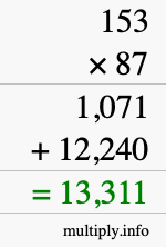 How to calculate 153 times 87 using long multiplication