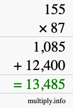 How to calculate 155 times 87 using long multiplication