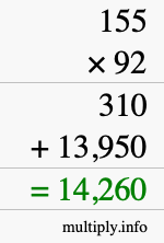 How to calculate 155 times 92 using long multiplication