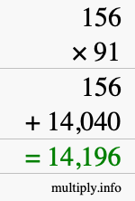 How to calculate 156 times 91 using long multiplication