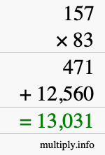 How to calculate 157 times 83 using long multiplication