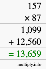How to calculate 157 times 87 using long multiplication