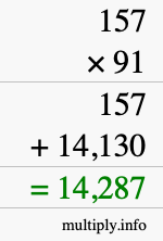 How to calculate 157 times 91 using long multiplication