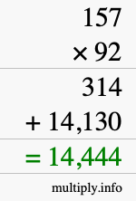 How to calculate 157 times 92 using long multiplication