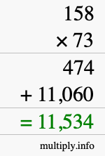 How to calculate 158 times 73 using long multiplication