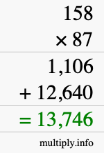 How to calculate 158 times 87 using long multiplication