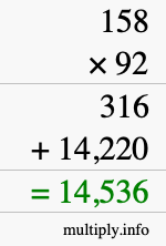 How to calculate 158 times 92 using long multiplication