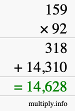 How to calculate 159 times 92 using long multiplication