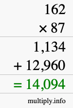 How to calculate 162 times 87 using long multiplication