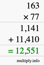 How to calculate 163 times 77 using long multiplication
