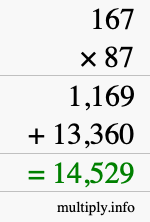How to calculate 167 times 87 using long multiplication