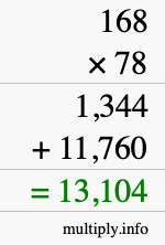 How to calculate 168 times 78 using long multiplication