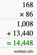 How to calculate 168 times 86 using long multiplication