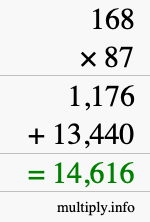 How to calculate 168 times 87 using long multiplication