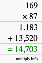 How to calculate 169 times 87 using long multiplication