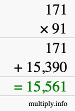 How to calculate 171 times 91 using long multiplication