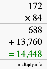 How to calculate 172 times 84 using long multiplication