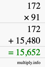How to calculate 172 times 91 using long multiplication