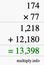 How to calculate 174 times 77 using long multiplication