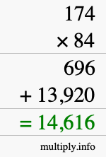 How to calculate 174 times 84 using long multiplication