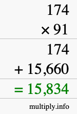 How to calculate 174 times 91 using long multiplication