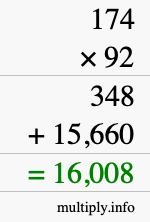 How to calculate 174 times 92 using long multiplication