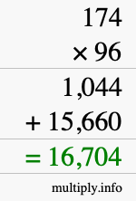 How to calculate 174 times 96 using long multiplication How to calculate 174 times 96 using long multiplication