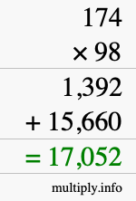 How to calculate 174 times 98 using long multiplication How to calculate 174 times 98 using long multiplication