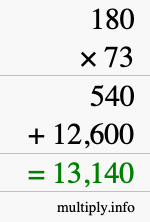 How to calculate 180 times 73 using long multiplication