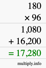 How to calculate 180 times 96 using long multiplication