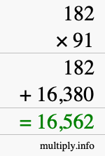 How to calculate 182 times 91 using long multiplication