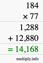 How to calculate 184 times 77 using long multiplication