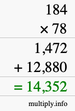 How to calculate 184 times 78 using long multiplication