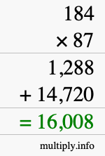 How to calculate 184 times 87 using long multiplication