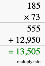 How to calculate 185 times 73 using long multiplication