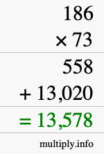 How to calculate 186 times 73 using long multiplication