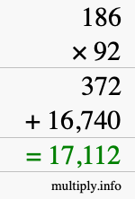 How to calculate 186 times 92 using long multiplication